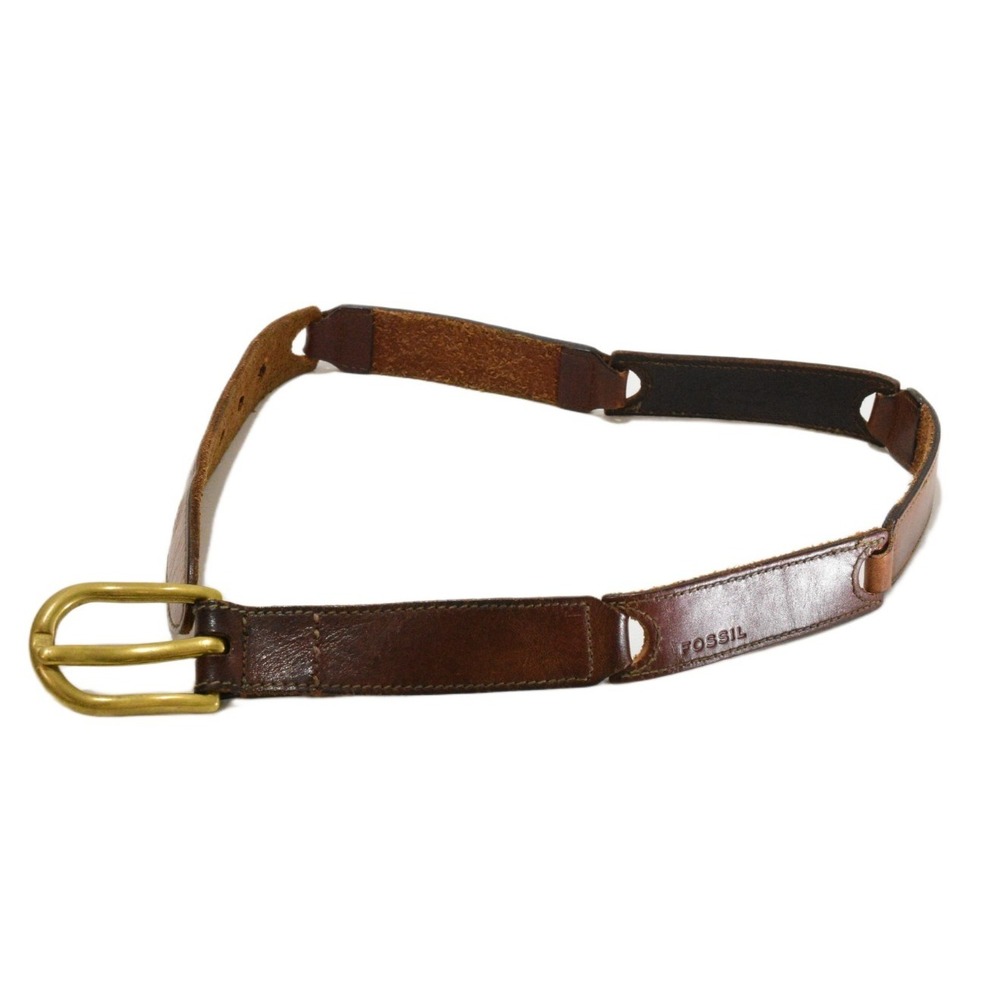 Fossil Jointed Genuine Brown Leather Belt Size Small Boho Solid Brass Buckle